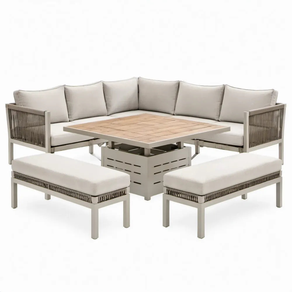 6-delige verstelbare tuinloungeset taupe/beige met hoekbank, tafel en 2 banken – 255 x 255 cm