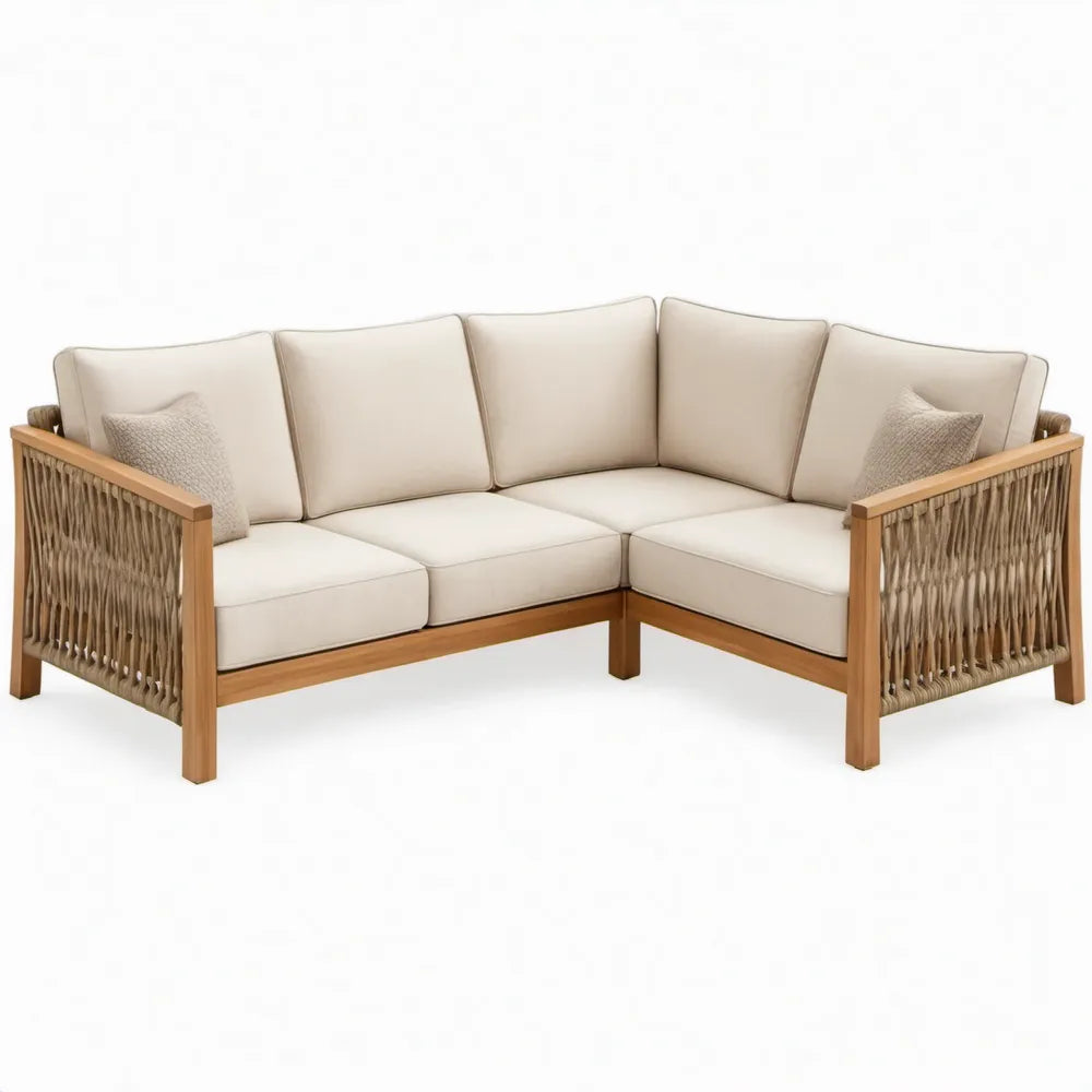 4-zits hoekbank 218 x 218 x 75 cm van massief acaciahout met beige kussens
