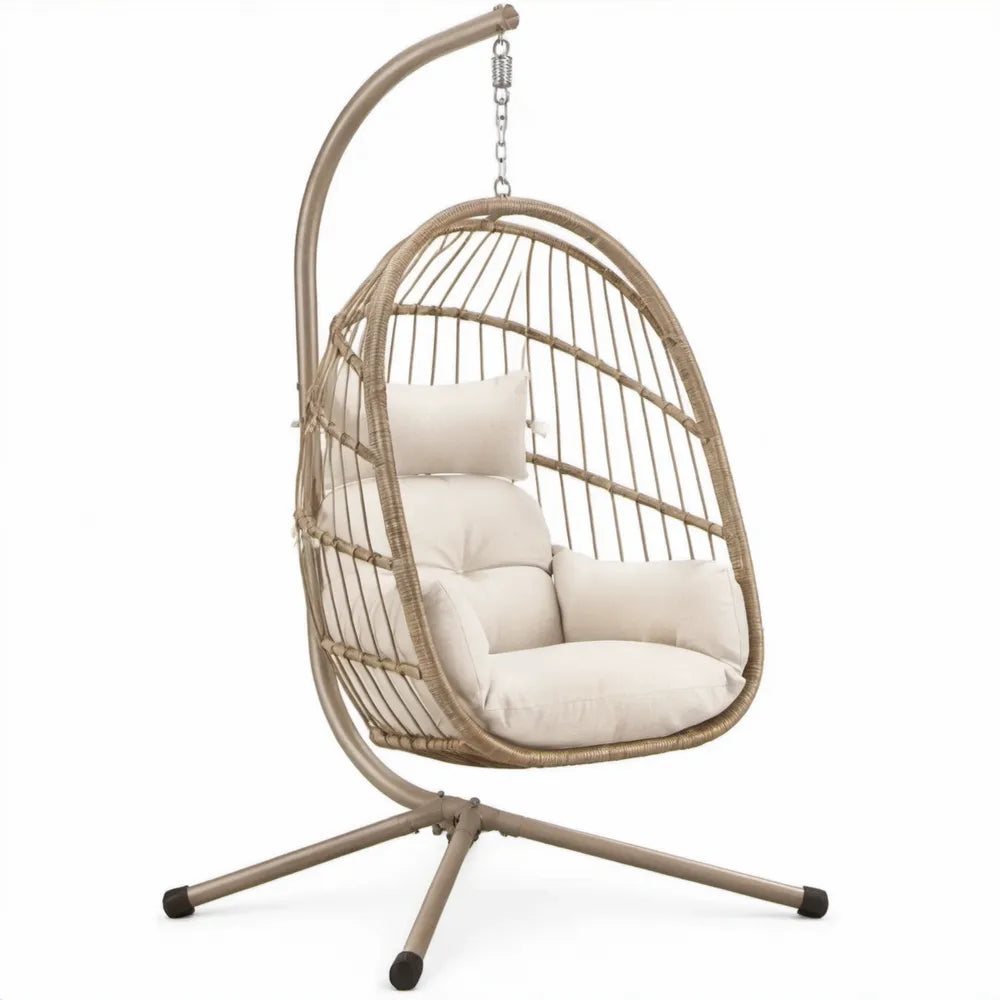 Eivormige hangstoel met standaard, PE-rattan en stalen frame, 100 x 100 x 195 cm, taupe/crème