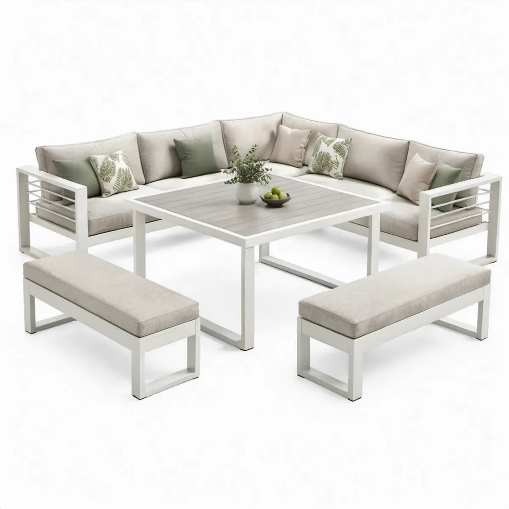 5-delige tuinloungeset met hoekbank, tafel en 2 banken – 250 x 250 cm – Wit/Beige/Lichtgrijs