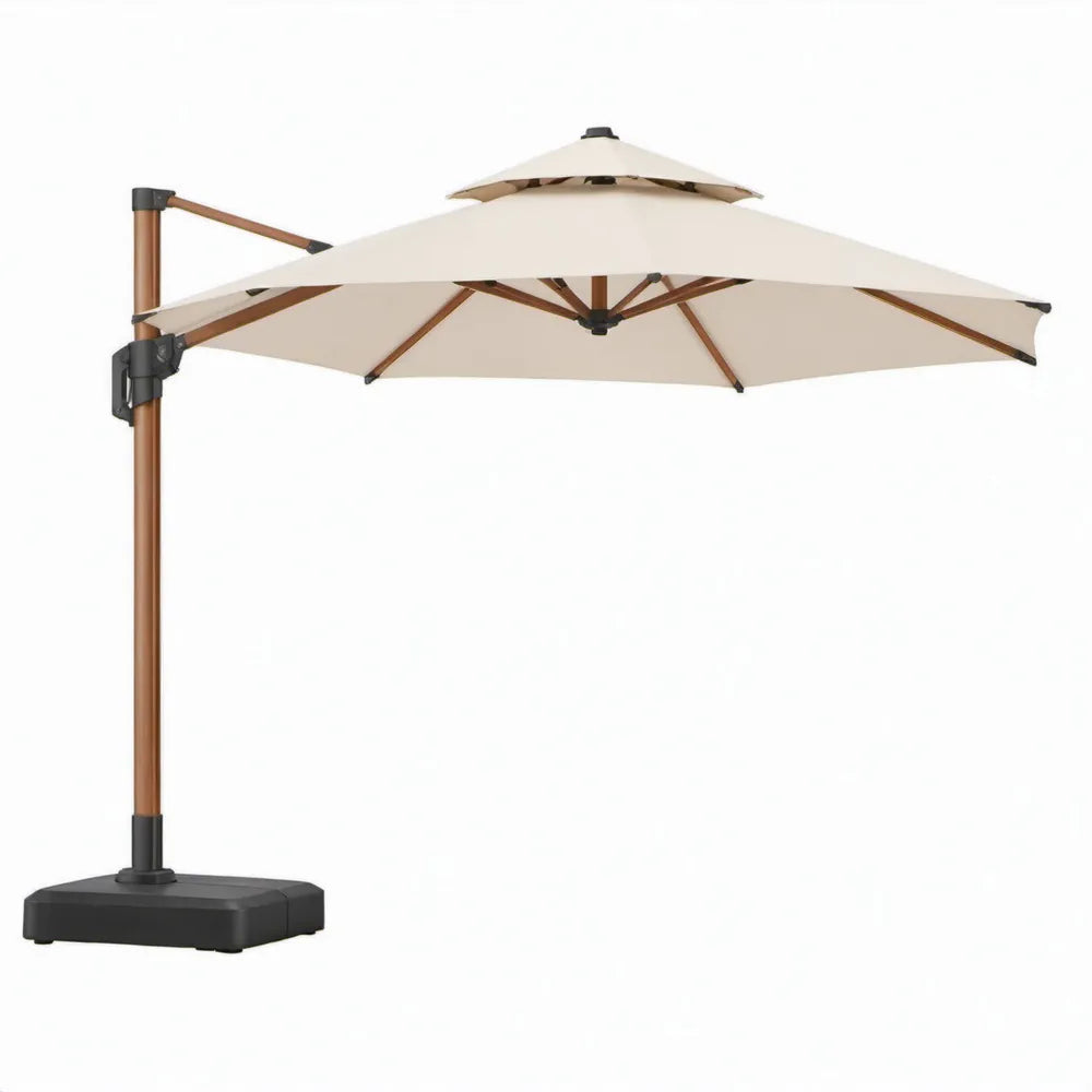 Beige achthoekige zweefparasol met voet Ø 300 cm, aluminium en polyester