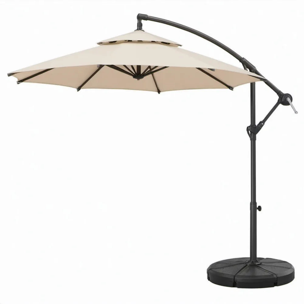 Zweefparasol Ø300 x 250 cm Crème met Zwart Stalen Frame en Voet Ø100 cm