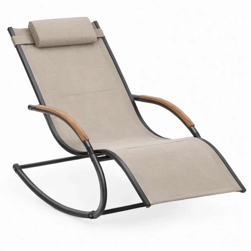 Schommelende ligstoel 164 x 65 x 95 cm beige met zwart stalen frame