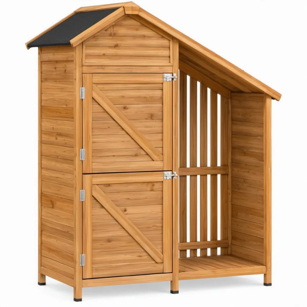 Houten tuinkast met open zijvak, vurenhout, naturel bruin/zwart, 140 x 75 x 160 cm