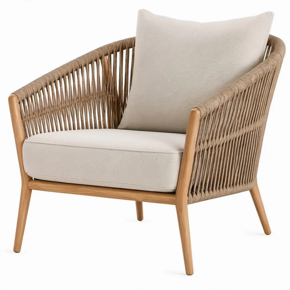 Terrasstoel met armleuningen 76 x 78 x 82 cm Naturel/Taupe/Beige van massief teakhout, polypropyleen touw en polyester