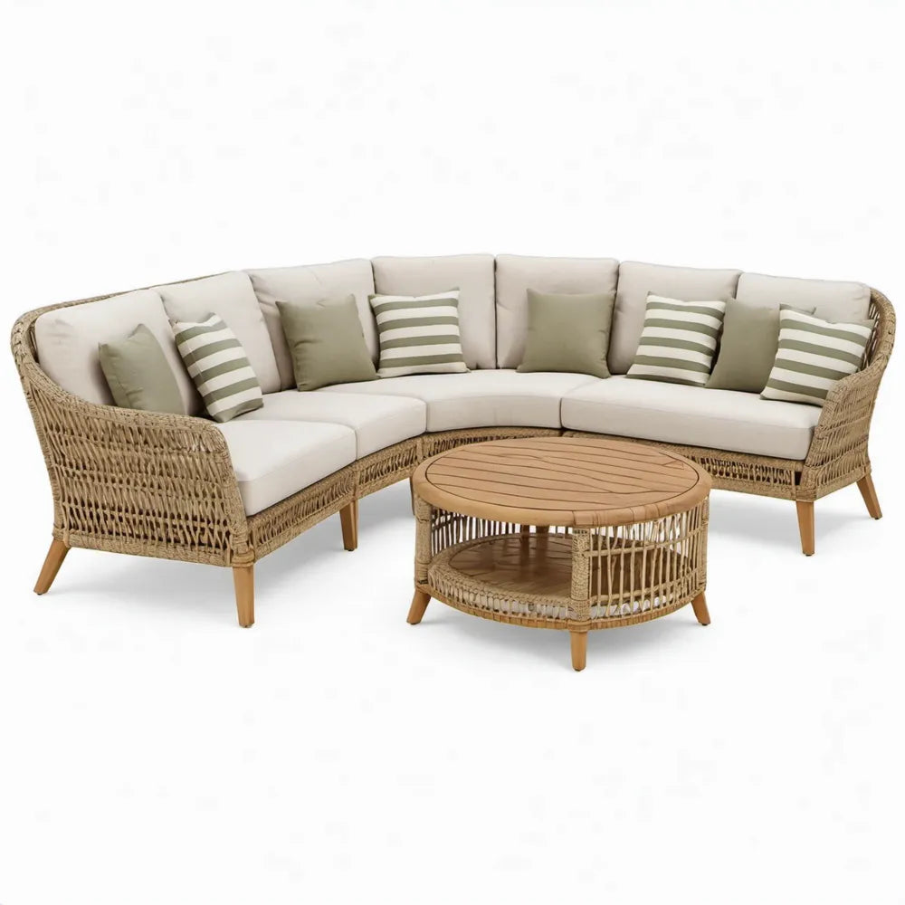 Tuinloungeset met hoekopstelling en ronde tafel 270 x 185 cm – Naturel, beige, crème en olijfgroen