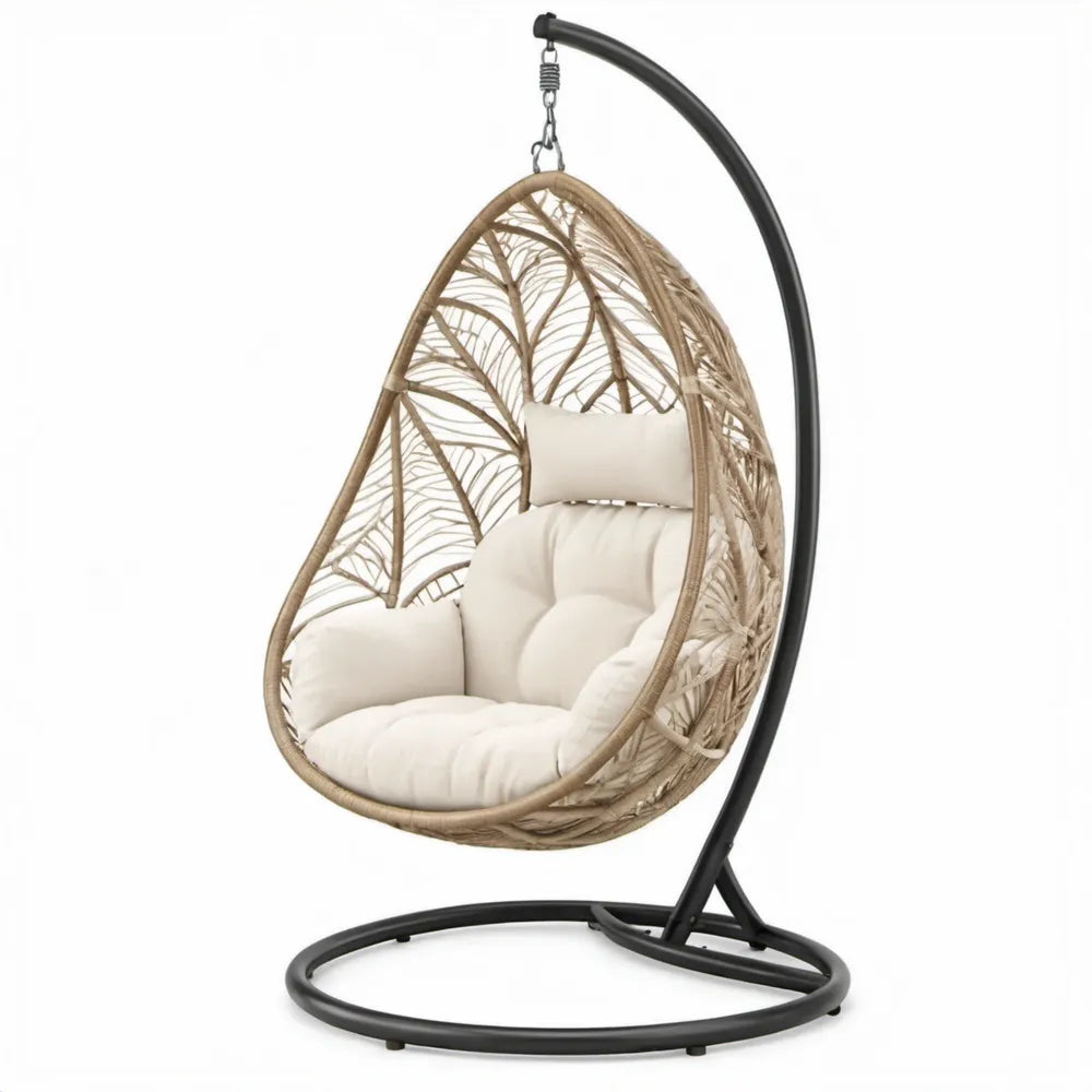 Eivormige hangstoel met standaard 105 x 105 x 195 cm – Naturel/Crème/Zwart