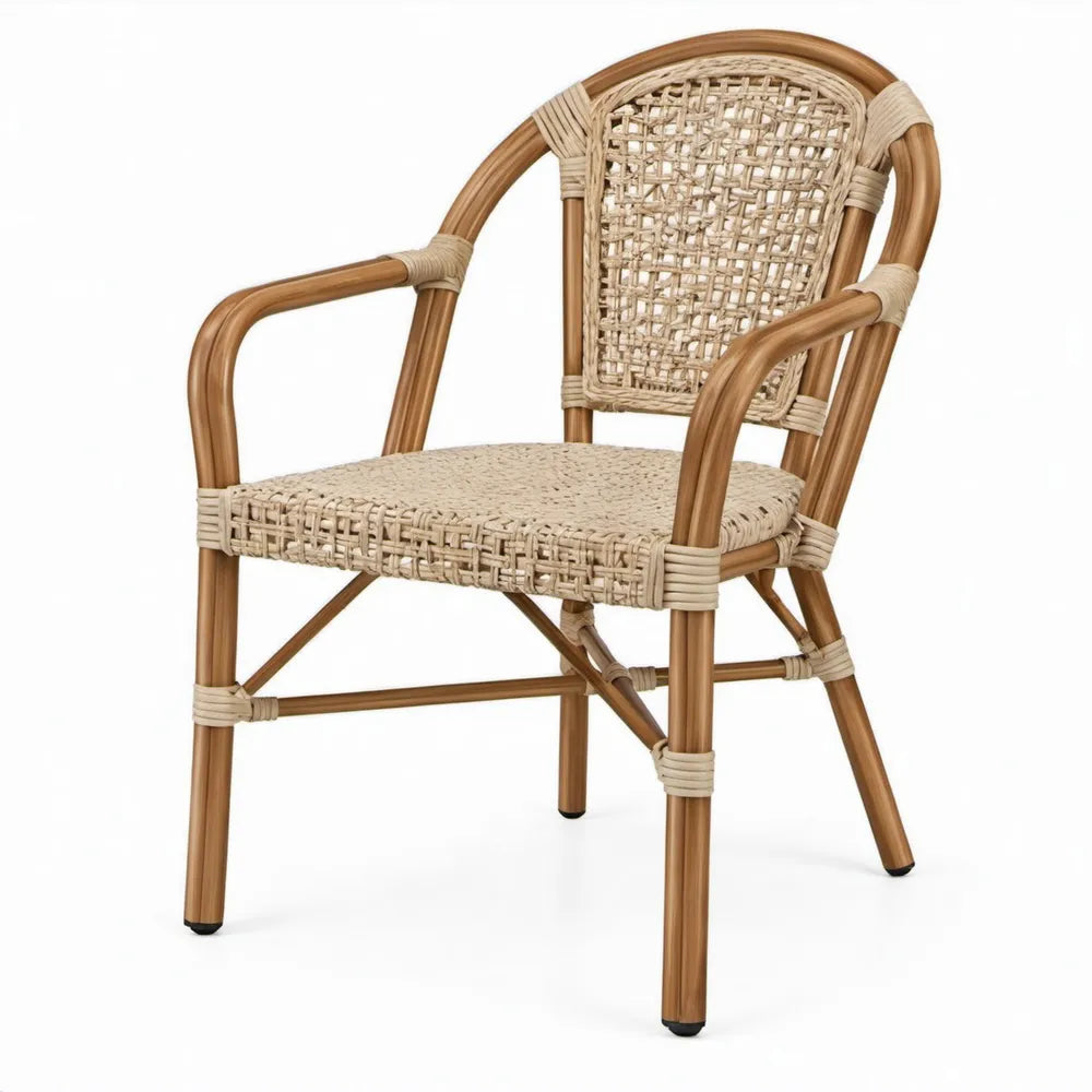 Rotan terrasstoel met gebogen armleuningen in naturelbruin en naturelbeige, 56 x 62 x 88 cm