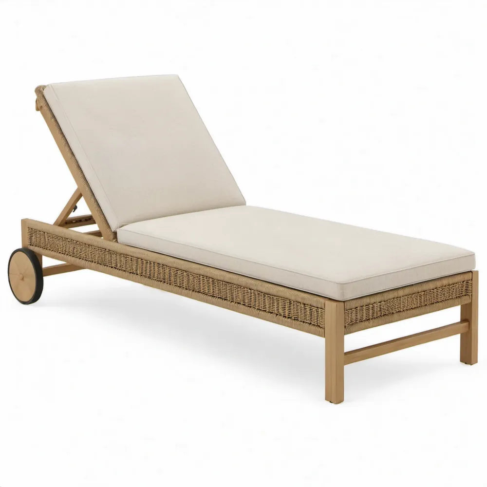 Verstelbaar verrijdbaar ligbed 200 x 70 cm Beige/Naturel van acaciahout en PE-vlechtwerk
