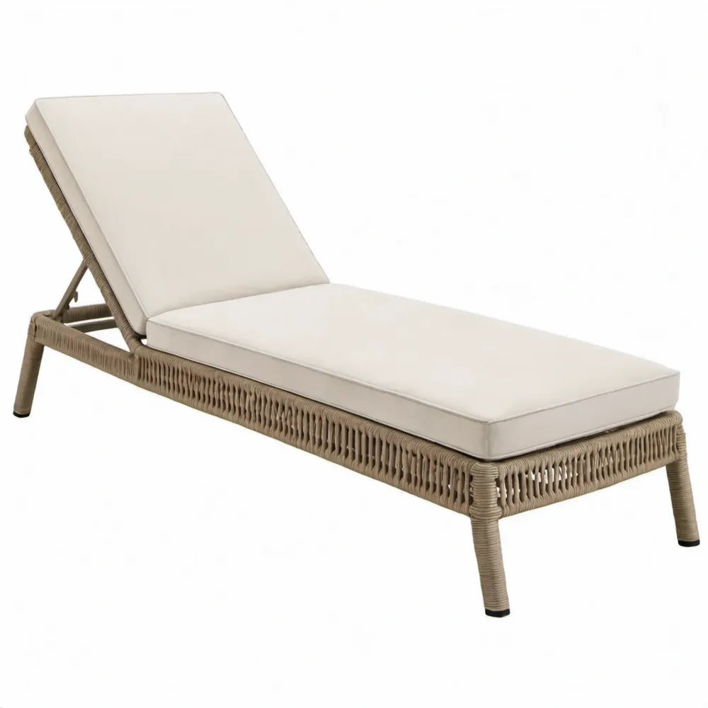 Beige PE-rattan en aluminium met verstelbare rugleuning, gebroken witte kussens, 200 x 70 x 35 cm