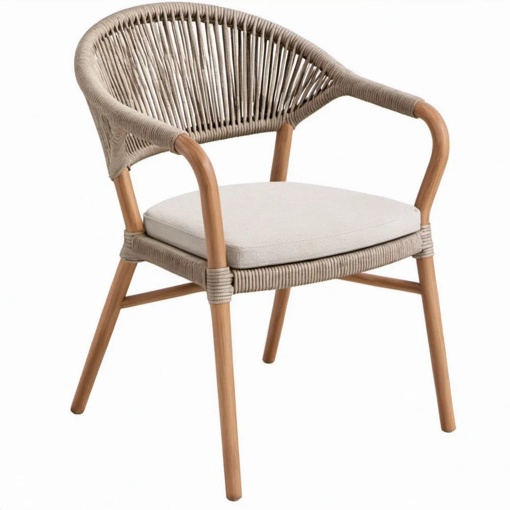 Terrasstoel met armleuningen van acaciahout en polyester touw, beige/natuurbruin, 65 x 62 x 78 cm