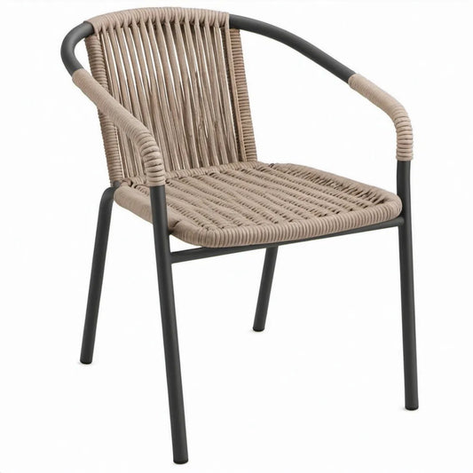 Terrasstoel met armleuningen, 57 x 62 x 82 cm, zwart/taupe, staal en PE-touw