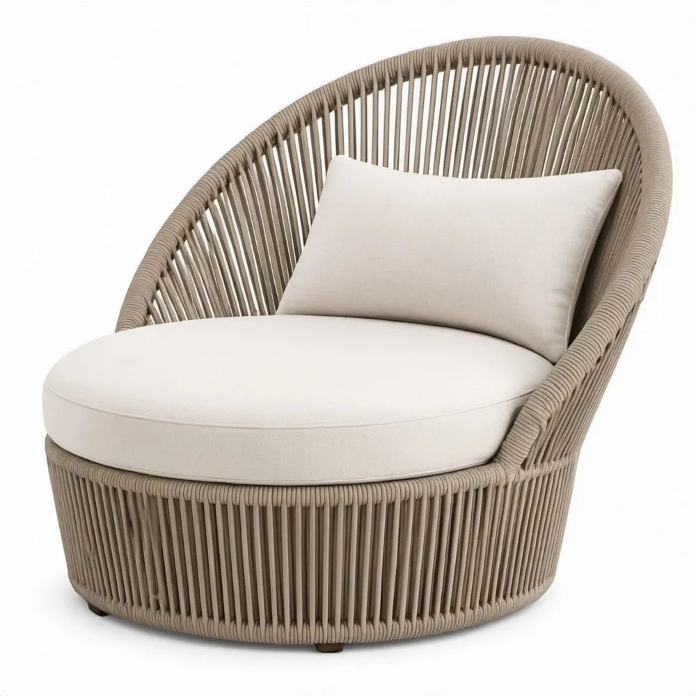 Ronde lounge tuinstoel 95 x 90 x 78 cm taupe met crèmekleurige kussens