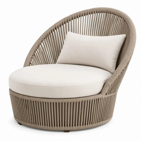 Ronde lounge tuinstoel 95 x 90 x 78 cm taupe met crèmekleurige kussens