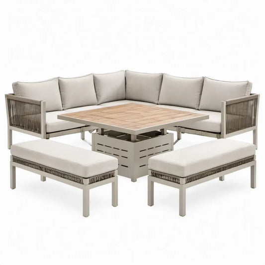 6-delige verstelbare tuinloungeset taupe/beige met hoekbank, tafel en 2 banken – 255 x 255 cm