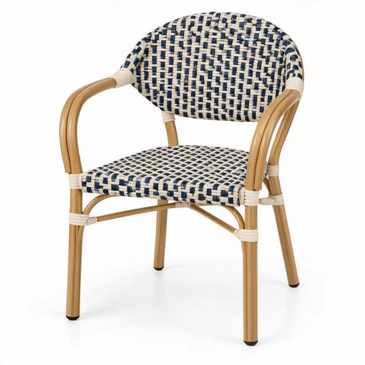 Bistrostoel met armleuningen, aluminium en PE-vlechtwerk, blauw/beige/houtkleurig, 57 x 60 x 88 cm