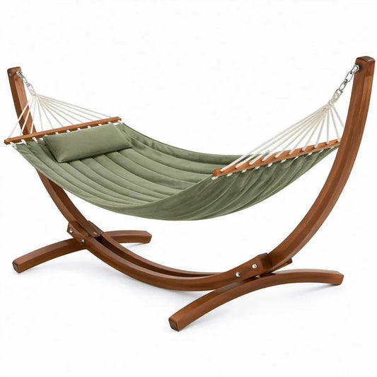 Olijfgroene hangmat met gebogen larikshouten standaard en kussen, 313 x 119 x 118 cm
