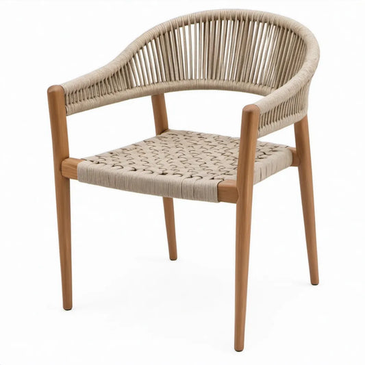 Tuinstoel met armleuningen 56 x 60 x 77 cm - naturelbruin acaciahout en beige polypropyleentouw