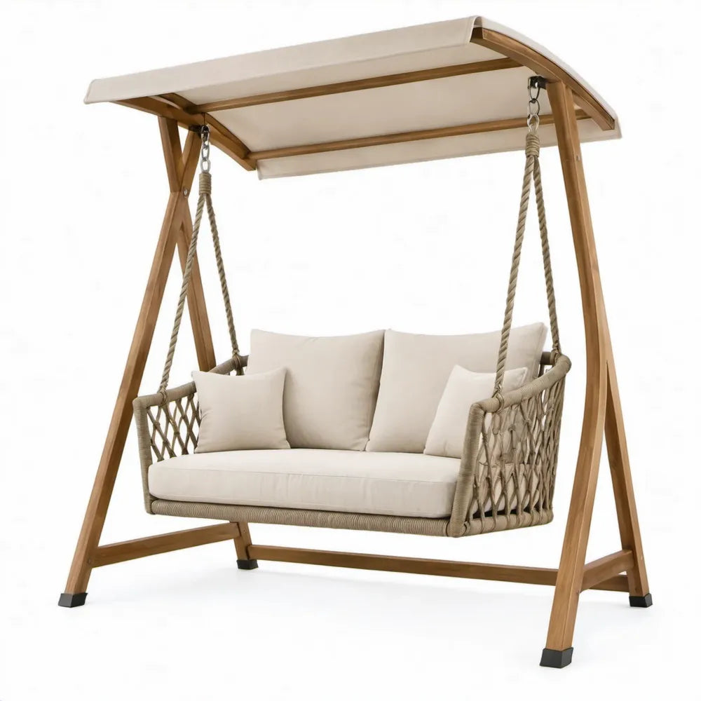 Schommelbank voor 3 personen 200 x 130 x 200 cm in beige met acaciahouten frame en verstelbaar zonnedak