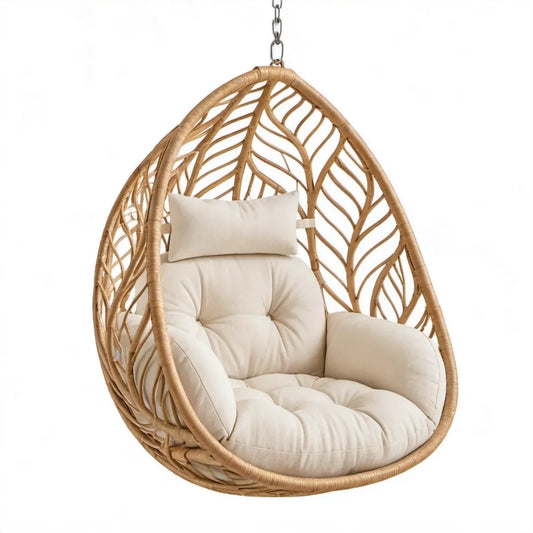 Eivormige hangstoel van PE-vlechtwerk met polyester kussens, Naturel/Beige, 105 x 75 x 120 cm