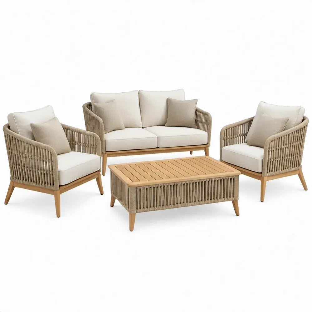 4-delige tuinset met 2 fauteuils, 2-zitsbank en salontafel van acaciahout en PE-touw – Naturel/Beige