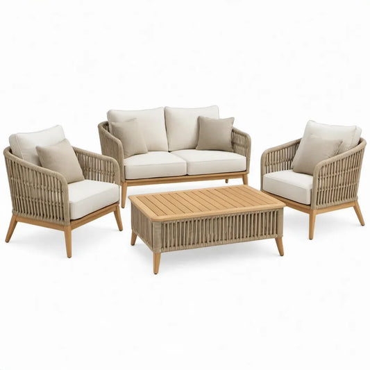 4-delige tuinset met 2 fauteuils, 2-zitsbank en salontafel van acaciahout en PE-touw – Naturel/Beige