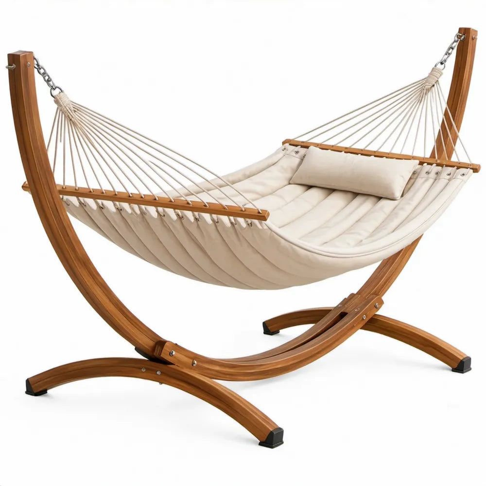 Hangmat met gebogen larikshouten standaard 415 x 150 x 124 cm Crème/Bruin