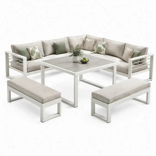 5-delige tuinloungeset met hoekbank, tafel en 2 banken – 250 x 250 cm – Wit/Beige/Lichtgrijs