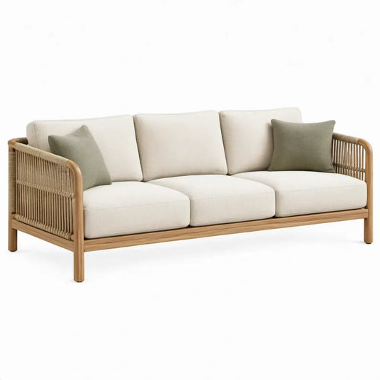 3-zits tuinbank met kussens, 210 x 80 x 75 cm, naturel/beige/groen, acaciahout en polypropyleen koord