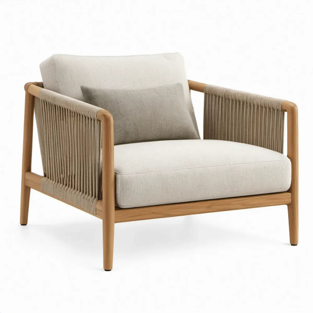 Tuinstoel met armleuningen van teakhout en gevlochten touw, 78 x 82 x 78 cm, Naturel/Beige/Taupe