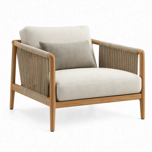 Tuinstoel met armleuningen van teakhout en gevlochten touw, 78 x 82 x 78 cm, Naturel/Beige/Taupe