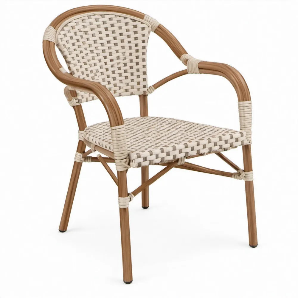 Terrasstoel met armleuningen van aluminium en PE-kunstrotan, 56 x 60 x 89 cm, Bruin/Crème/Taupe