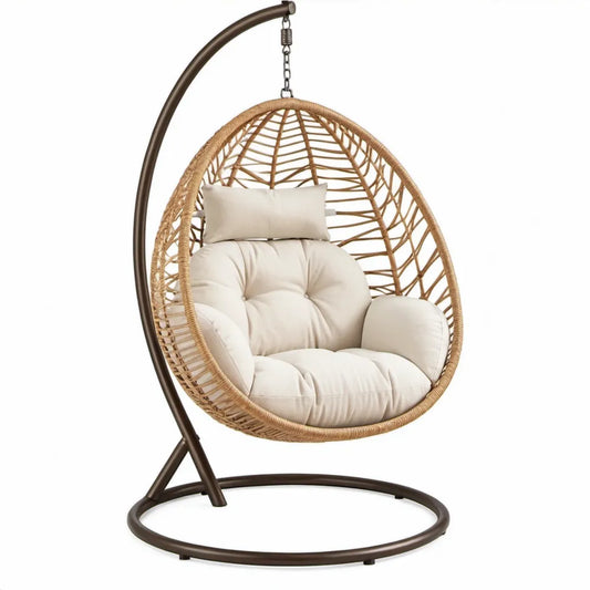 Ovale hangstoel met standaard 105 x 105 x 195 cm – Beige/Donkerbruin, PE-rotan en gepoedercoat staal