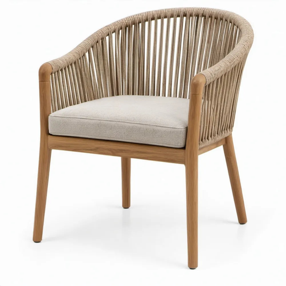 Armstoel van massief acaciahout met gevlochten polyester koord en zitkussen, 65 x 62 x 78 cm, naturelbruin/beige