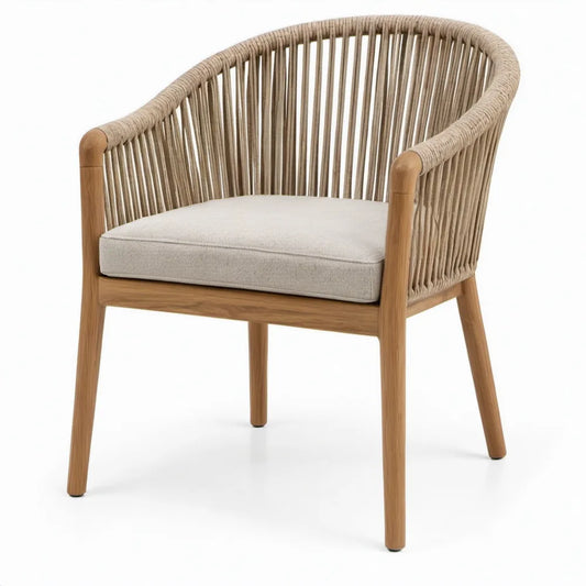 Armstoel van massief acaciahout met gevlochten polyester koord en zitkussen, 65 x 62 x 78 cm, naturelbruin/beige