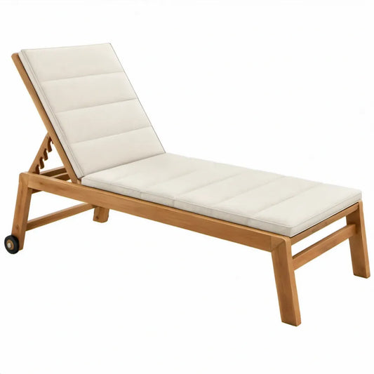 Ligbed van massief acaciahout met verstelbare rugleuning, wielen en beige kussen, 200 x 65 cm