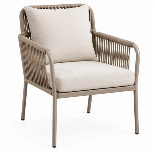Terrasstoel met armleuningen, aluminium en gevlochten touw, taupe/beige, 66 x 72 x 83 cm