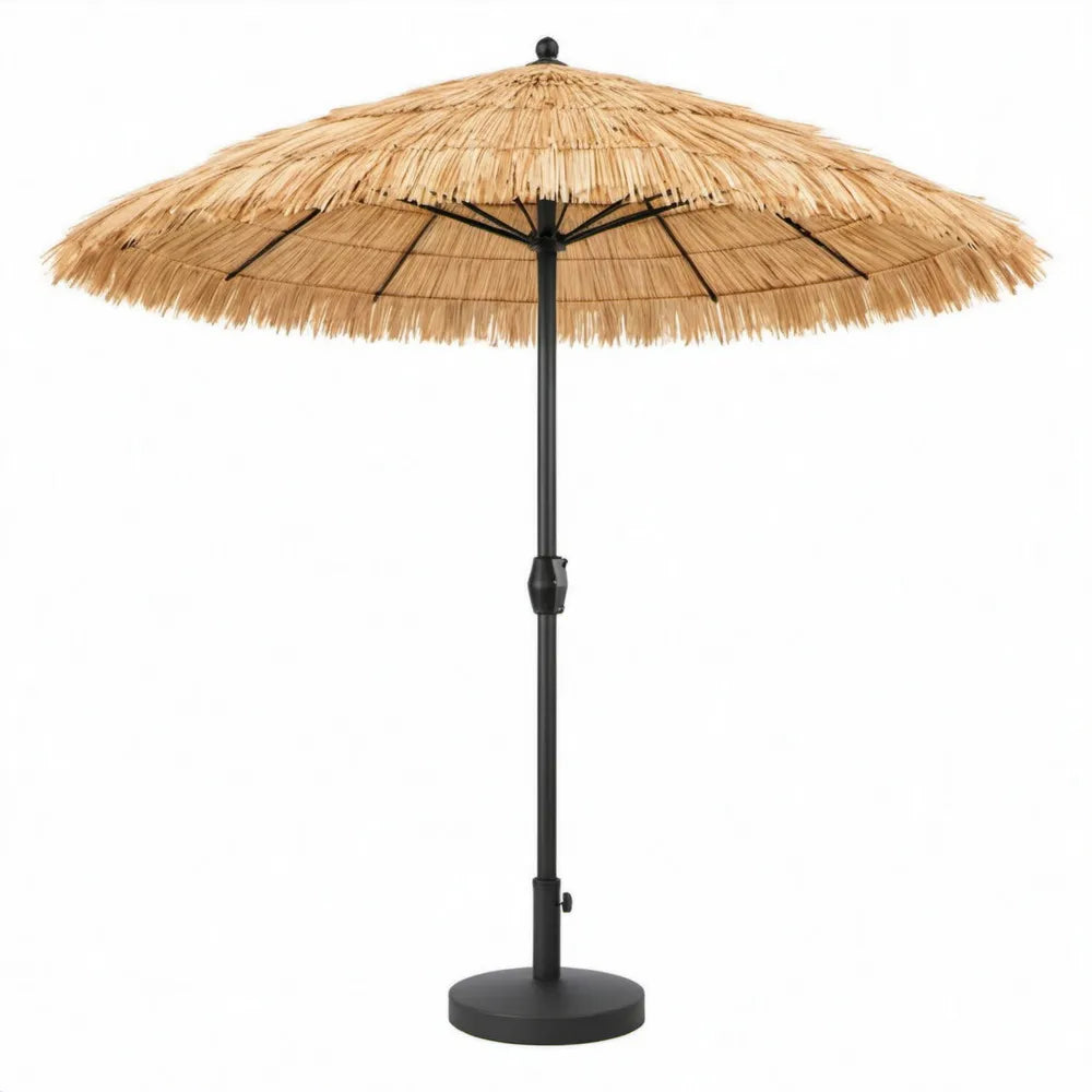 Rieten parasol met ronde voet Ø 180 cm, naturel en zwart, hoogte 195 cm