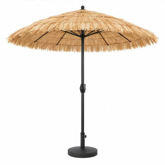 Rieten parasol met ronde voet Ø 180 cm, naturel en zwart, hoogte 195 cm