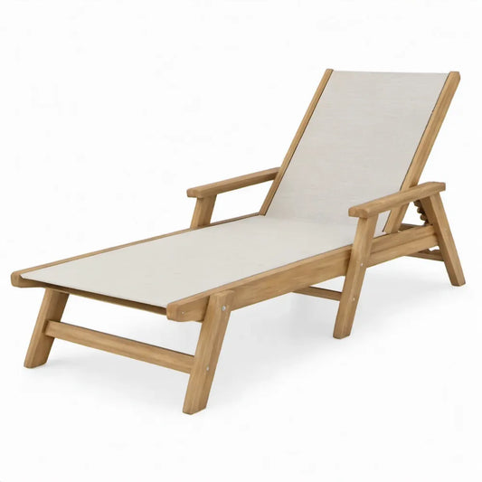 Verstelbaar eucalyptushouten ligbed met armleuningen, 200 x 65 x 32 cm, Beige/Naturelbruin