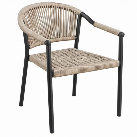 Terrasstoel met armleuningen van beige PE-rotan en zwart staal, 56 x 58 x 80 cm