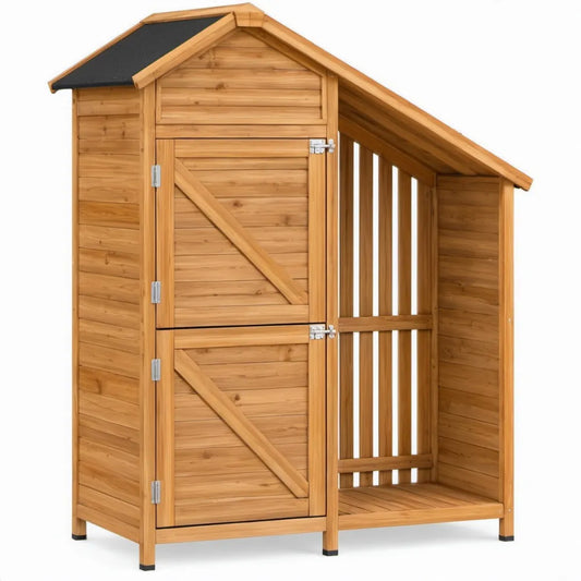 Houten tuinkast met open zijvak, vurenhout, naturel bruin/zwart, 140 x 75 x 160 cm