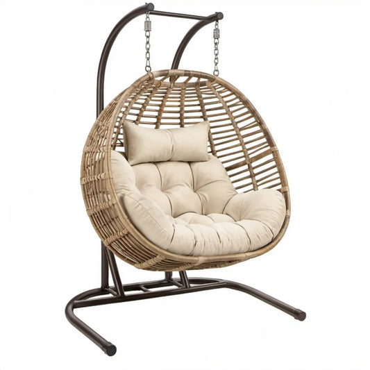 Ei-vormige hangstoel met standaard van PE-rattan, beige/crème/donkerbruin, 105 x 105 x 195 cm