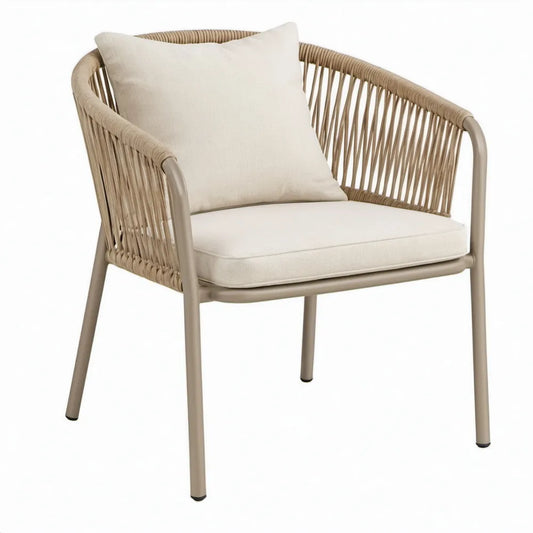 Beige aluminium stoel met armleuningen en kussens, 65 x 62 x 80 cm