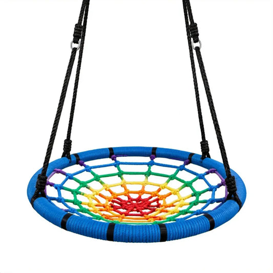 Ronde nestschommel Ø 100 cm blauw met regenboogkleurig net en zwarte ophangtouwen