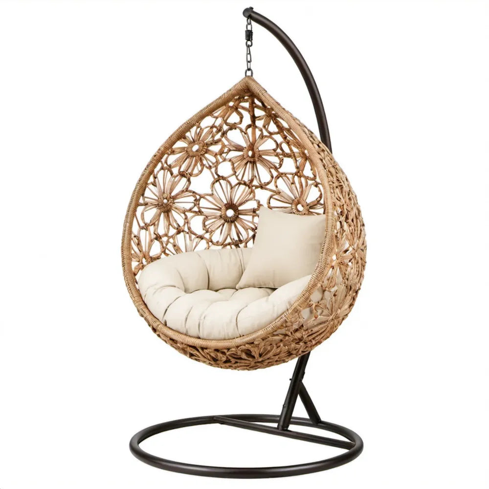 Vrijstaande hangstoel van PE-rattan met stalen standaard, 105 x 105 x 195 cm, Naturel/Crème/Zwart
