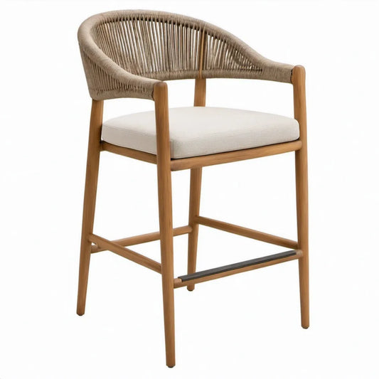 Barstoel van massief acaciahout met PE-koord en zitkussen, naturelbruin/beige/gebroken wit/zwart, 56 x 58 x 103 cm