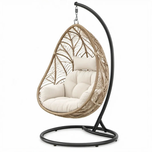 Eivormige hangstoel met standaard 105 x 105 x 195 cm – Naturel/Crème/Zwart