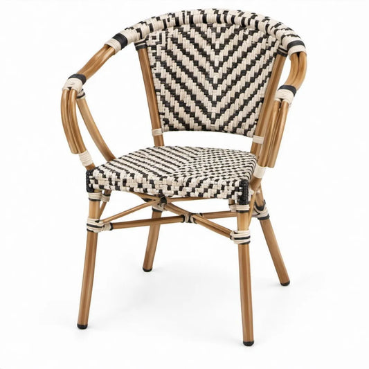 Bistrostoel met armleuningen van aluminium en PE-rattan, 57 x 60 x 88 cm, bruin/zwart/beige