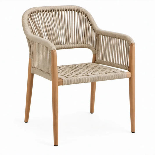 Tuinstoel met armleuningen van acaciahout en gevlochten touw, beige/naturel bruin, 57 x 60 x 80 cm